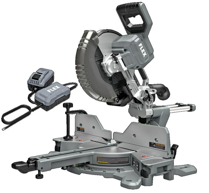 FLEX 24V Cordless 12 Inch Dual Bevel Sliding Miter Saw (Bare Tool) & Power Adapter Bundle