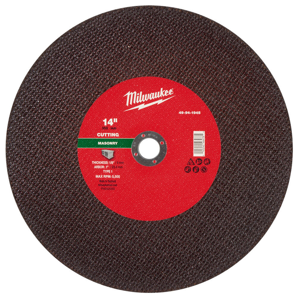 Milwaukee 14 Inch x 1/8 Inch x 20mm Masonry Cut Off Wheel Type 1, large image number 1