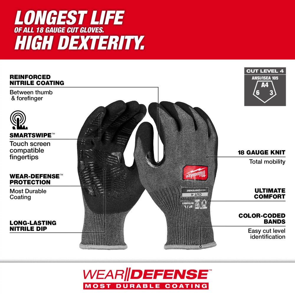 Milwaukee Cut Level 4 High Dexterity Nitrile Dipped Gloves with WEAR-DEFENSE Protection, large image number 2