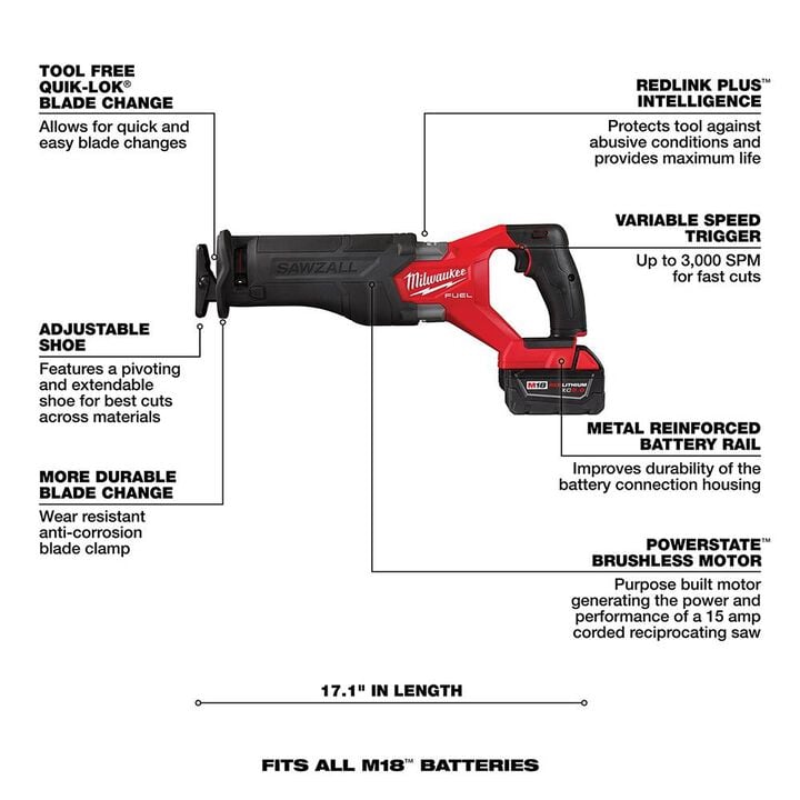 Milwaukee M18 FUEL SAWZALL Reciprocating Saw - 1 Battery XC5.0 Kit, large image number 6