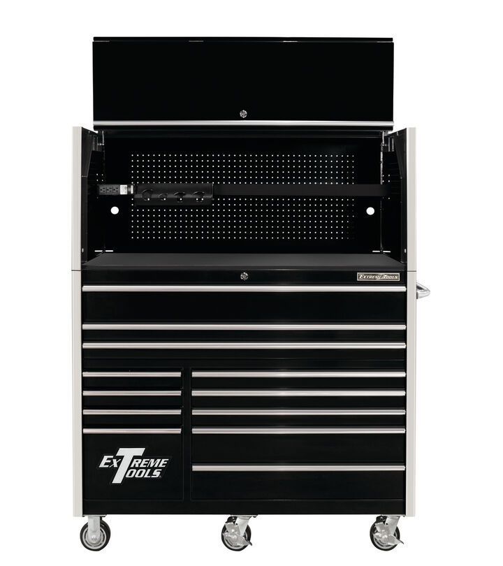 Extreme Tools RX Series 55 Inch W x 25 Inch D Professional Extreme Power Workstation Hutch & 12 Drawer Roller Cabinet 150 lbs Slides Combo Black with Chrome Drawer Pulls, large image number 1