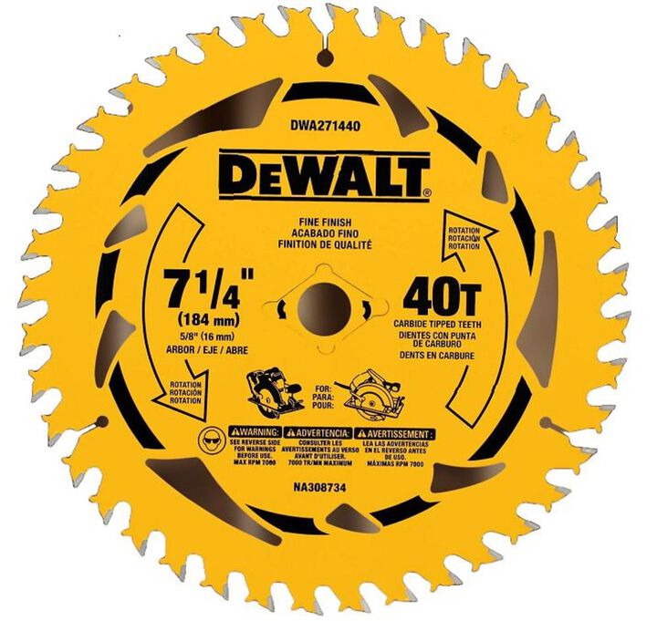 DEWALT 7-1/4 Inch Circular Saw Blade 40 Tooth with 5/8 Inch Arbor, large image number 0