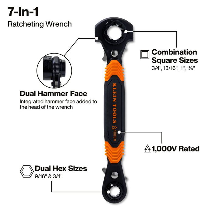 Klein Tools 7-in-1 Hammer Facing Insulated Lineman Wrench, large image number 1