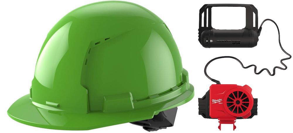 Milwaukee Green Front Brim Vented Hard Hat with 4pt Ratcheting Suspension Type 1 Class C & BOLT Cooling Fan Bundle - MIL000011759