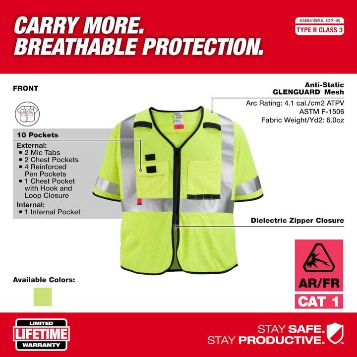 Milwaukee High Vis Safety Vest Yellow Class 3 Mesh AR/FR Cat 1 S/M, large image number 2