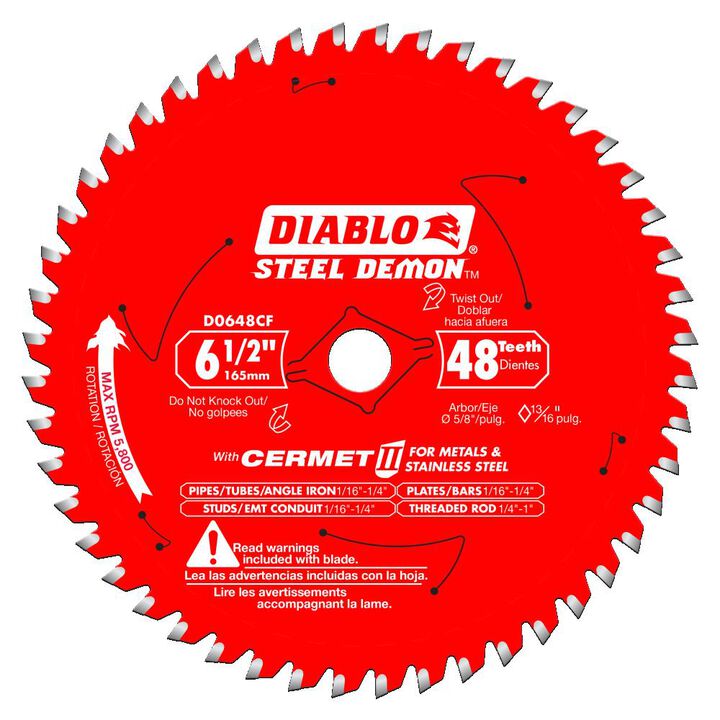 Diablo Tools 6 1/2 inch x 48 Tooth TCG Cermet II Steel Demon Medium Metal & Stainless Cutting Circular Saw Blade with 5/8 inch Diamond Arbor
