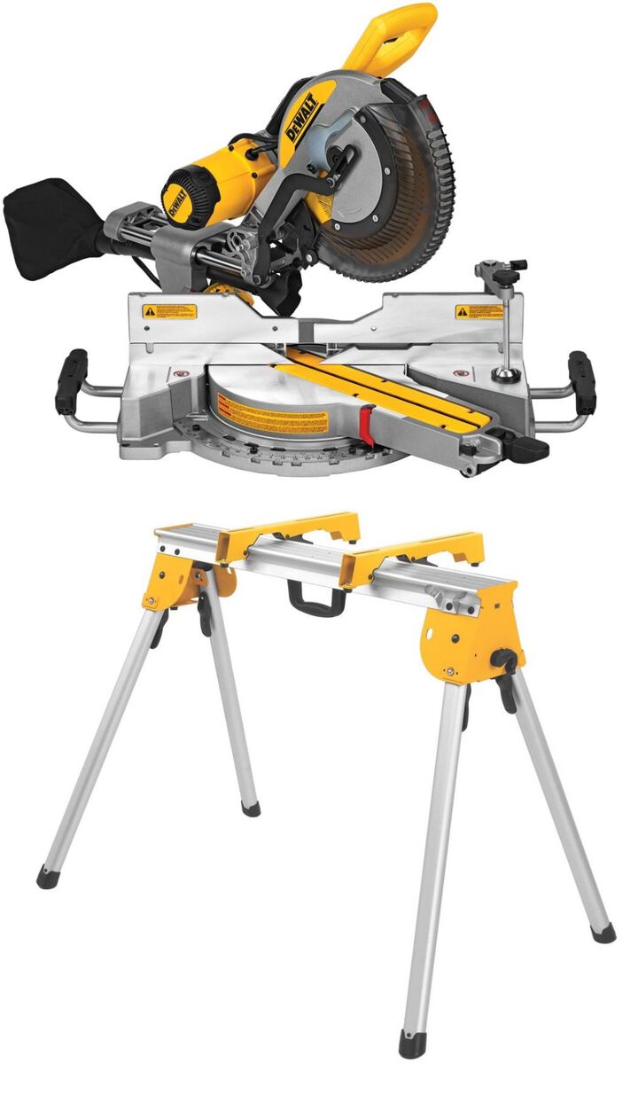 DEWALT 12 Inch Double Bevel Sliding Compound Miter Saw with Heavy Duty Work Stand with Miter Saw Mounting Brackets Bundle