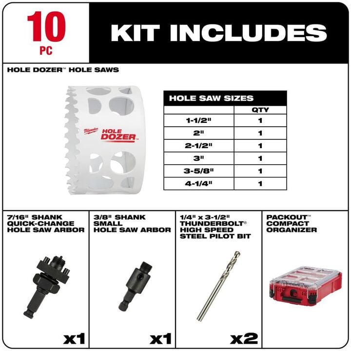 Milwaukee HOLE DOZER Bi-Metal Hole Saw Kit with PACKOUT Compact Organizer - 10PC, large image number 1
