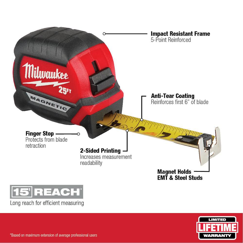 25' Wide Blade Milwaukee Magnetic Tape Measure with Hook and Finger Stop NEW 