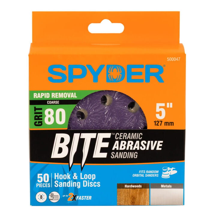 Spyder 80 Grit Ceramic Sanding Discs, 5 Inch 8-Hole Hook & Loop 50 Pieces