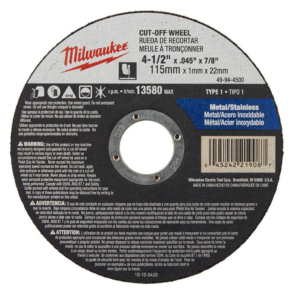 Milwaukee 4-1/2 x .045 x 7/8 Type 1 Grinding Wheel 49-94