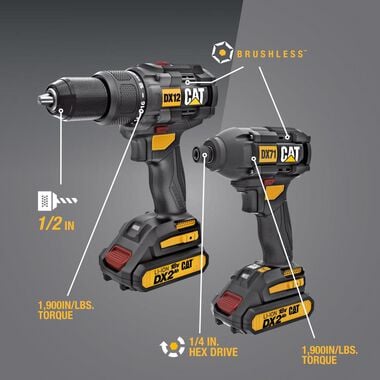 CAT 18V Cordless Hammer Drill and Impact Driver Combo Kit with Two Batteries, large image number 2