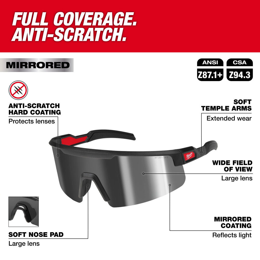 Milwaukee Wrap Around Safety Glasses Silver Mirrored Anti-Scratch Lenses, large image number 2