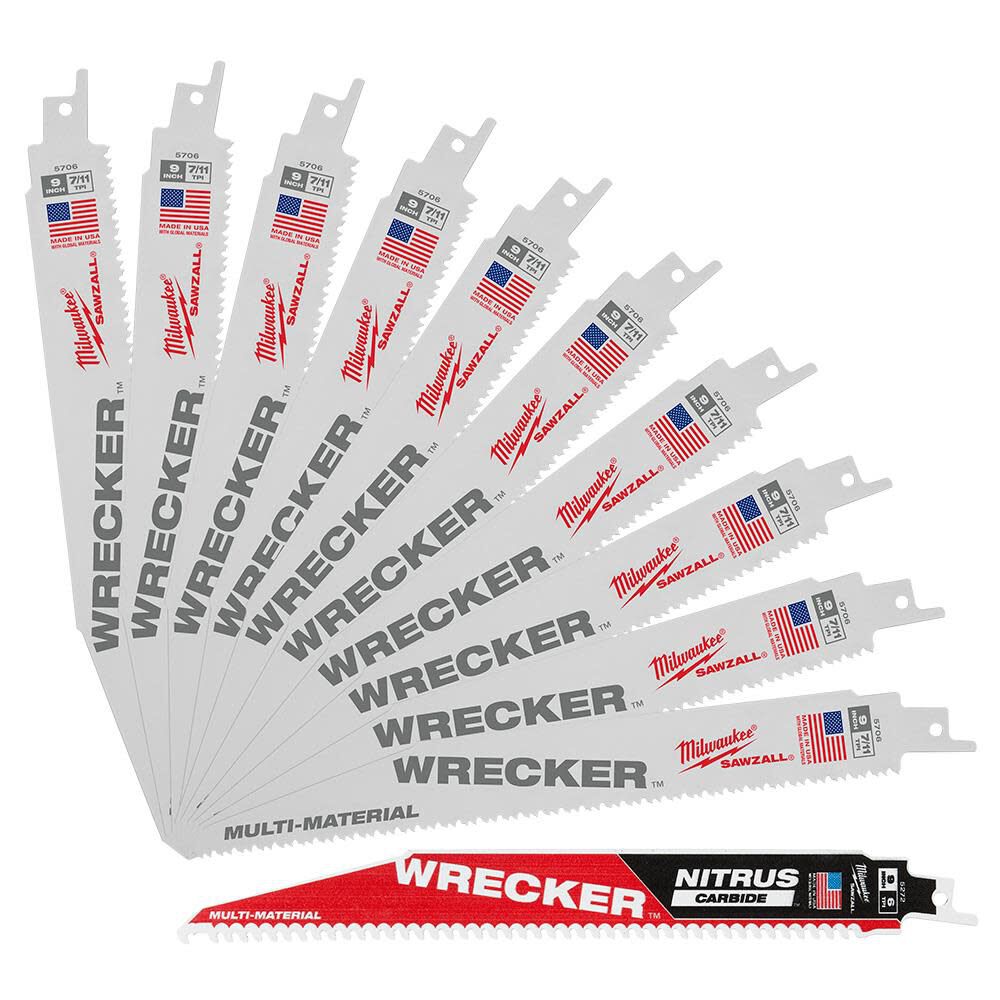 Milwaukee 9 Inch 7/11TPI WRECKER SAWZALL Blade for Multi-Material, 10 Pieces 9 Inch 6TPI WRECKER with NITRUS Carbide Teeth SAWZALL Blade - 48-00-1706K