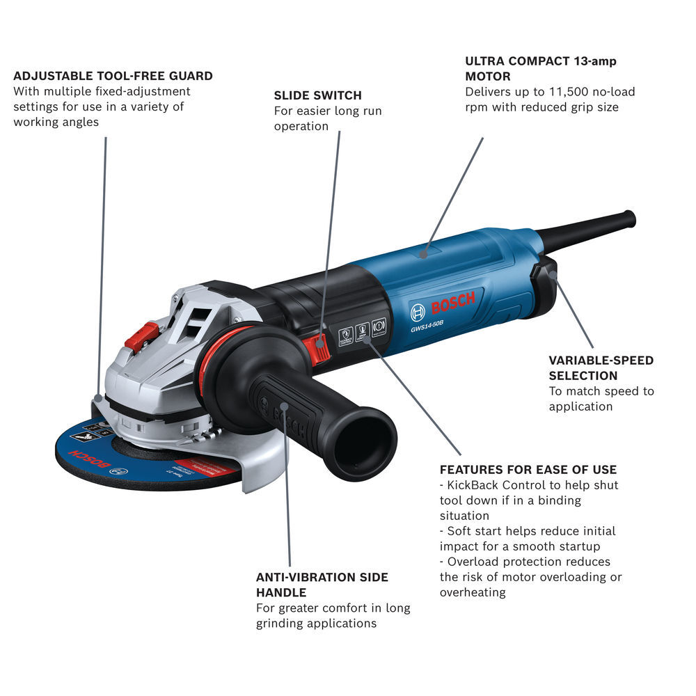 Bosch 5 Inch Angle Grinder with Slide Switch & Brake, large image number 3