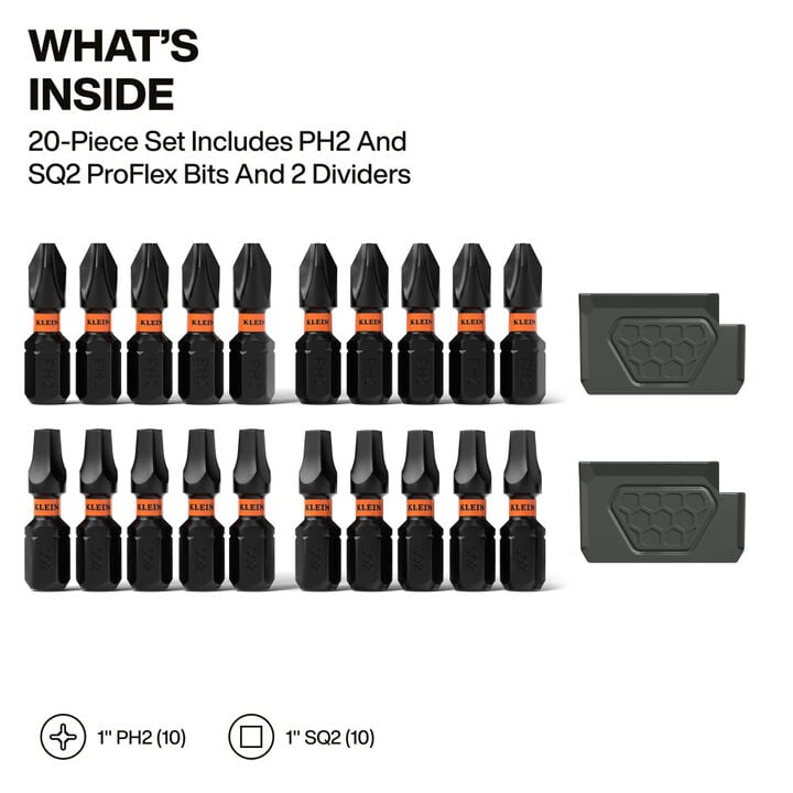 Klein Tools Slim ProFlex Impact-Rated Bit Set, Phillips #2 and Square #2, 20 Pieces, large image number 1