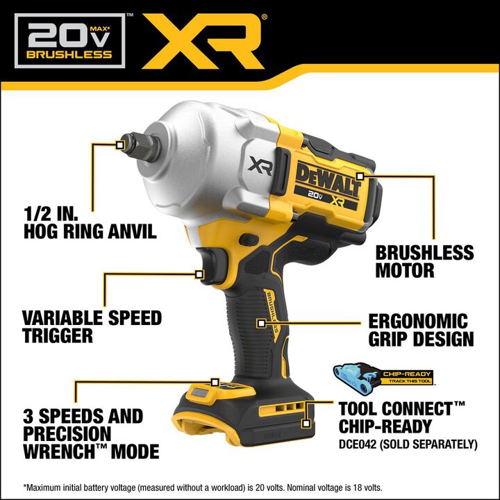 DEWALT 20V MAX XR 1/2 Inch Impact Wrench with Hog Ring (Bare Tool), large image number 1