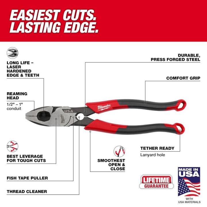Milwaukee 9inch Linemans Comfort Grip Pliers with Thread Cleaner (USA), large image number 2