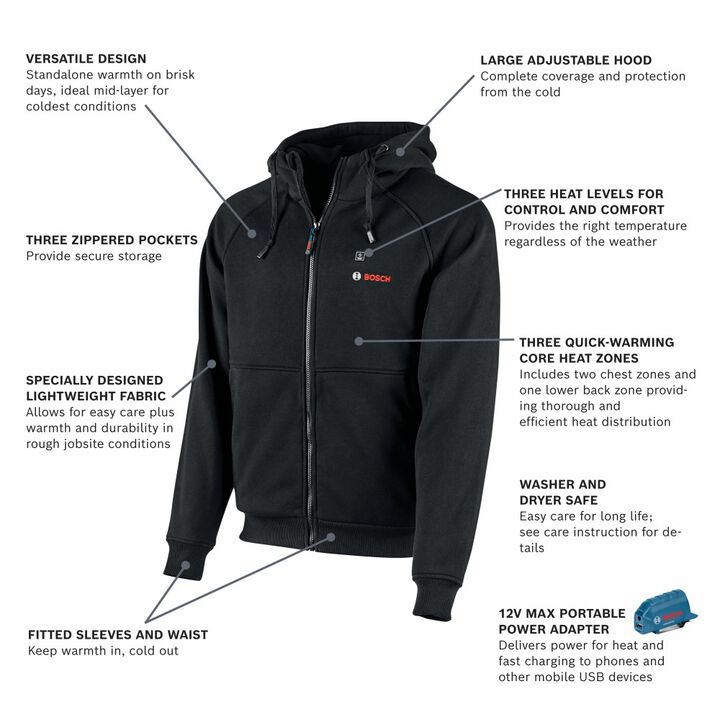 Bosch 12V Max Heated Hoodie Kit Black 3X Reconditioned, large image number 1