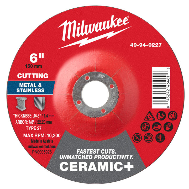 Milwaukee 6 Inch x .045 Inch x 7/8 Inch Ceramic+ Metal Cut Off Wheel Type 27, large image number 0