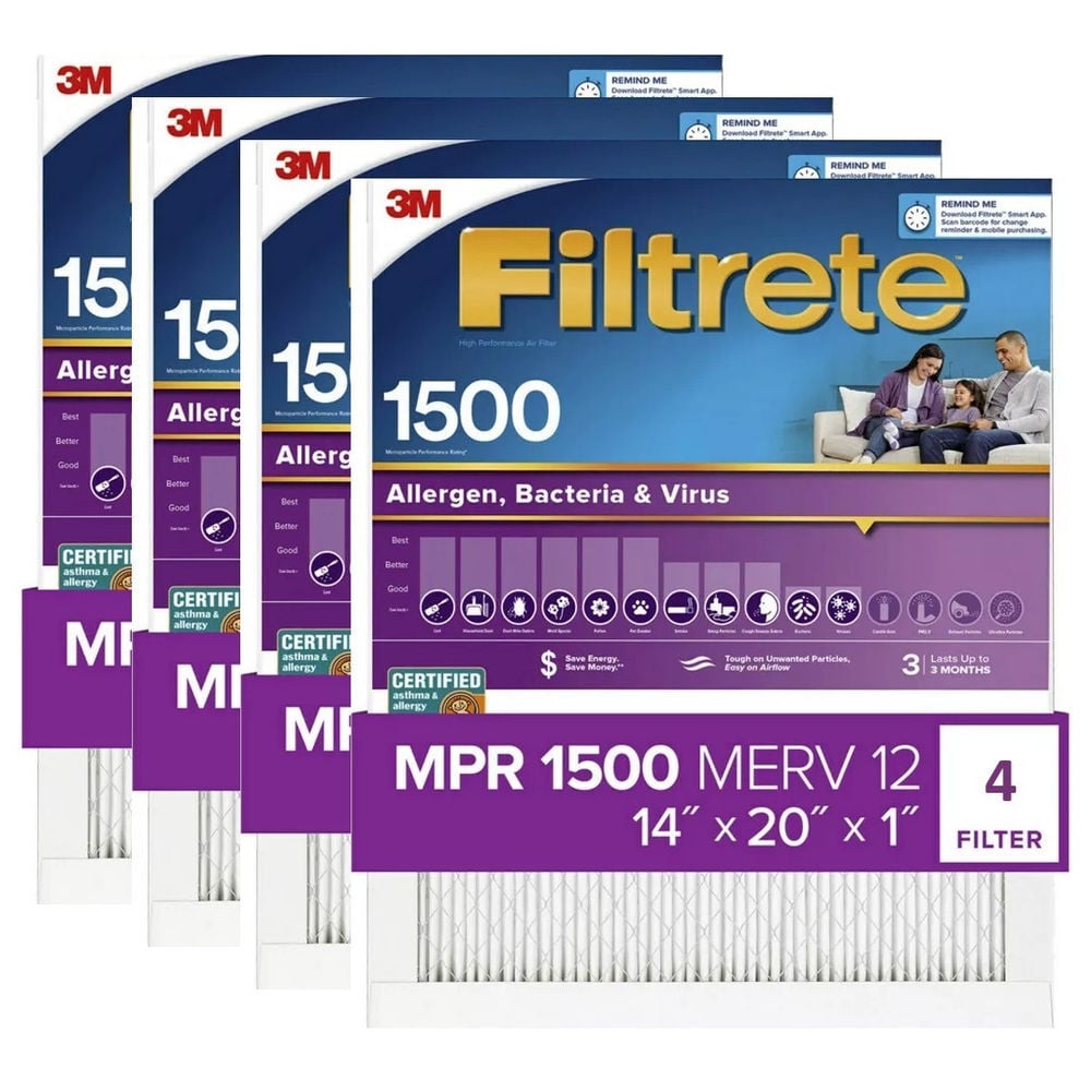 3M Filtrete 14 x 20 x 1-Inch 1500 MPR MERV 12 Allergen Defense Furnace Air Filter, 4-Pack - 4186730-4 Pack