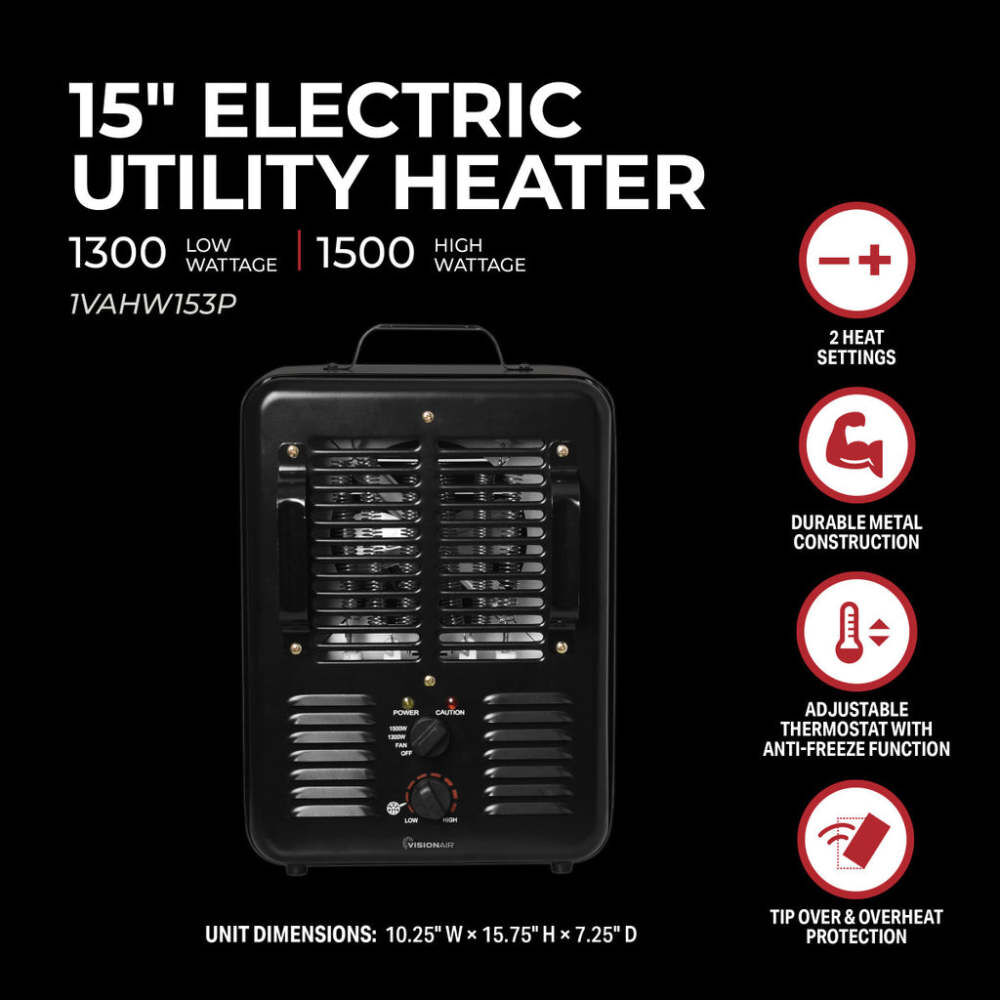 VisionAir 15 In. 1300/1500W 5120 Btu 160 Sq-Ft. Milkhouse Heater, large image number 4