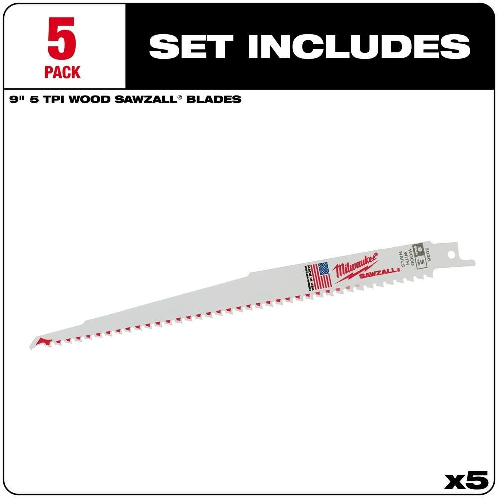 Milwaukee 9 in. 5 TPI SAWZALL Blades 5PK, large image number 2