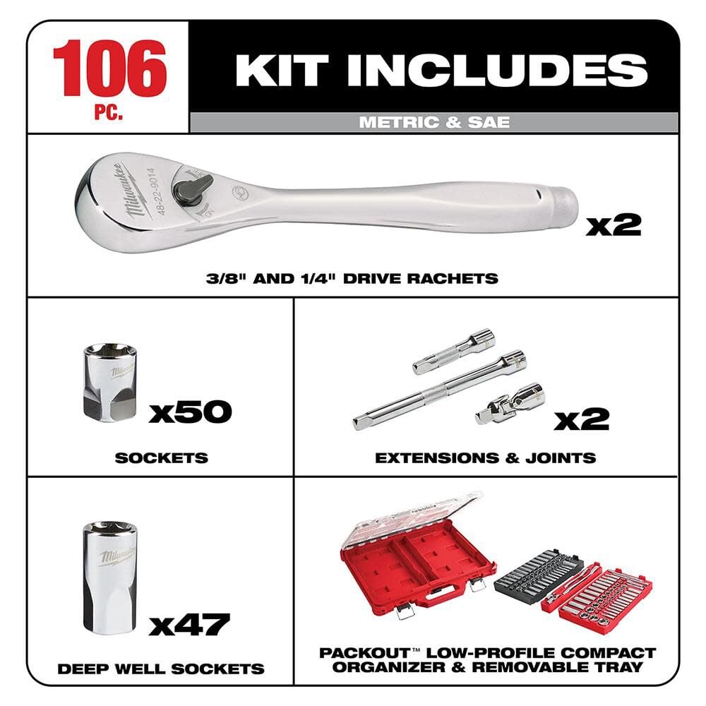 Milwaukee 1 4in 3 8 106pc Ratchet And Socket Set In Packout Sae Metric 48 22 9486 Simolary simolary.com 6