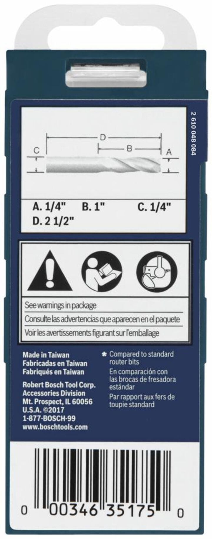 Bosch 1/4in x 1in Solid Carbide Double Flute Upcut Spiral Router Bit, large image number 1