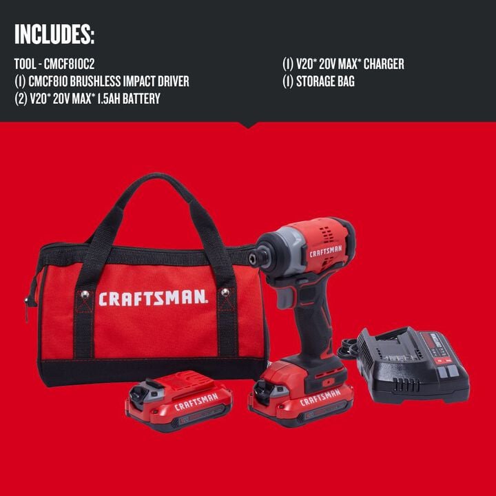 CRAFTSMAN V20* Cordless Brushless 1/4 Inch Impact Driver 2 Battery Kit, large image number 1