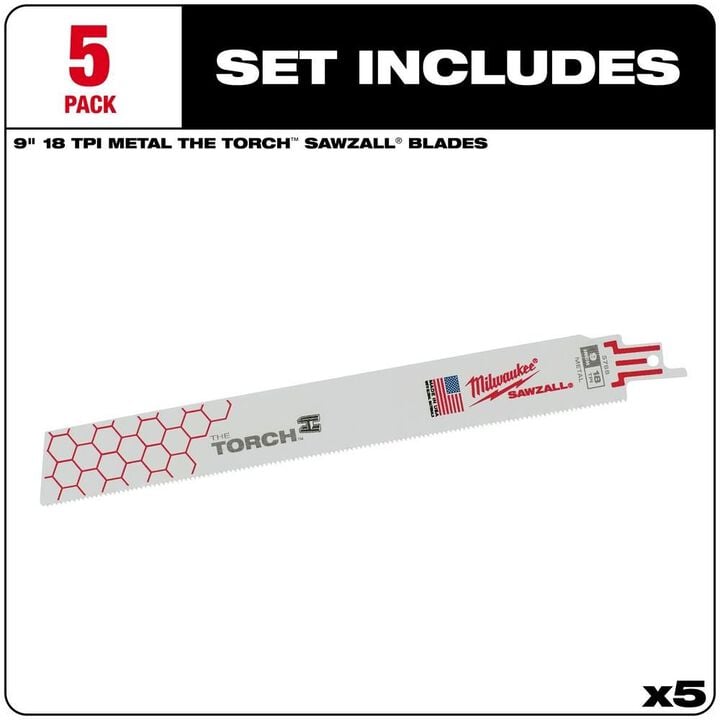 Milwaukee 9 in. 18 TPI THE TORCH SAWZALL Blade 5PK, large image number 1