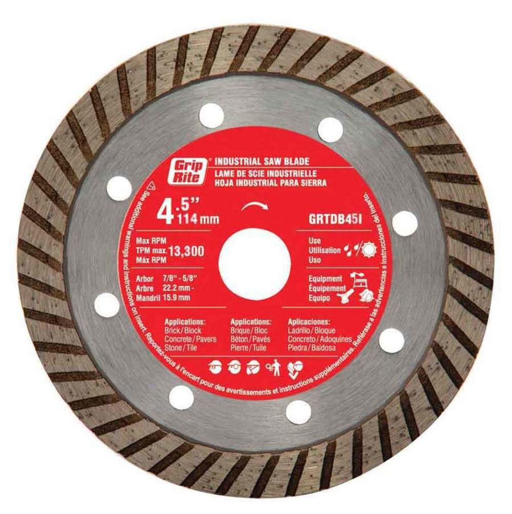 Grip Rite 4 1/2 Inch Industrial Turbo Rim Diamond Blade for Masonry and Tile, large image number 1