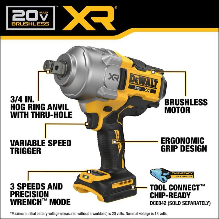 DEWALT 20V MAX XR 3/4 Inch Impact Wrench with Hog Ring (Bare Tool), large image number 2