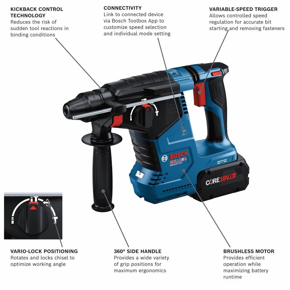 Bosch 18V Bulldog 1in Rotary Hammer SDS plus Kit, large image number 2