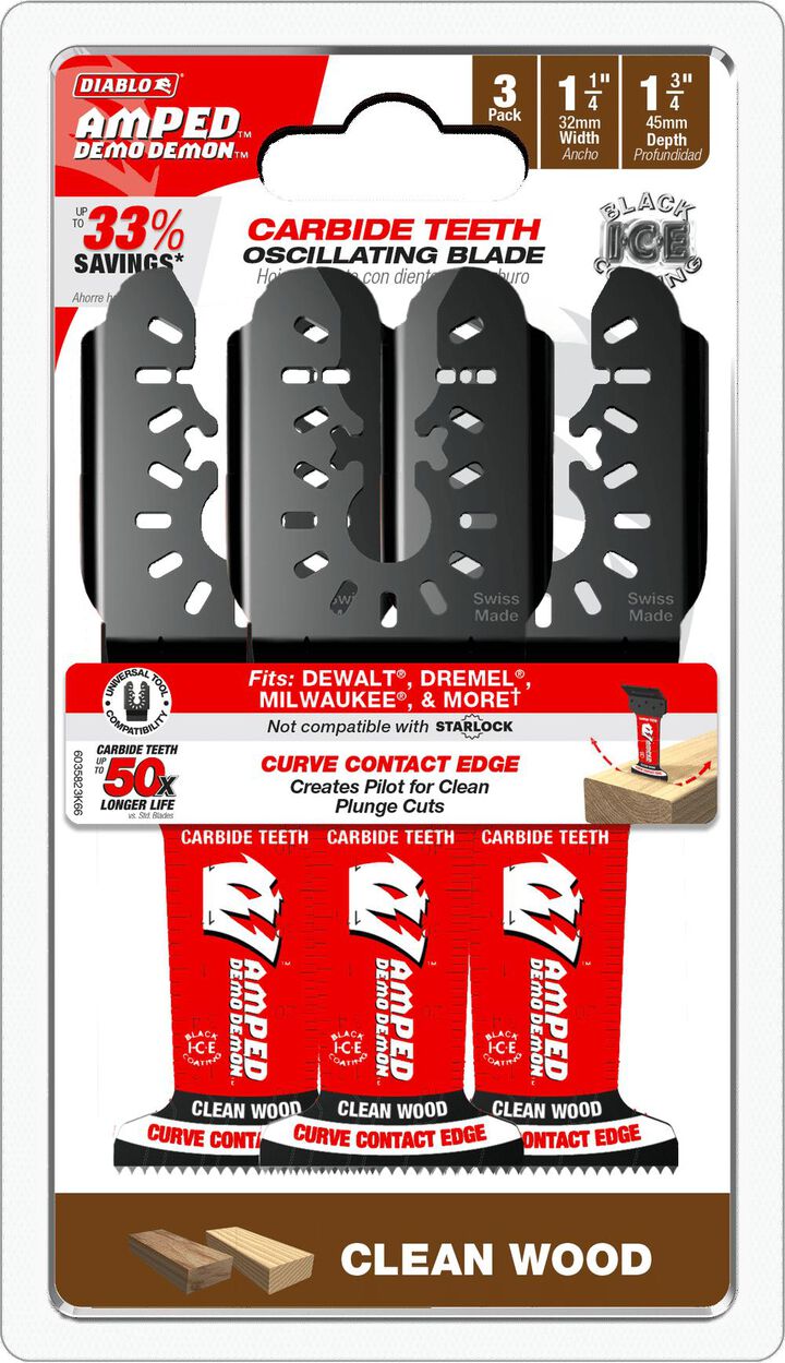 Diablo Tools 1-1/4 Inch x 1-3/4 Inch AMPED Universal Fit Oscillating Blade for Clean Wood, 3 Pieces, large image number 4