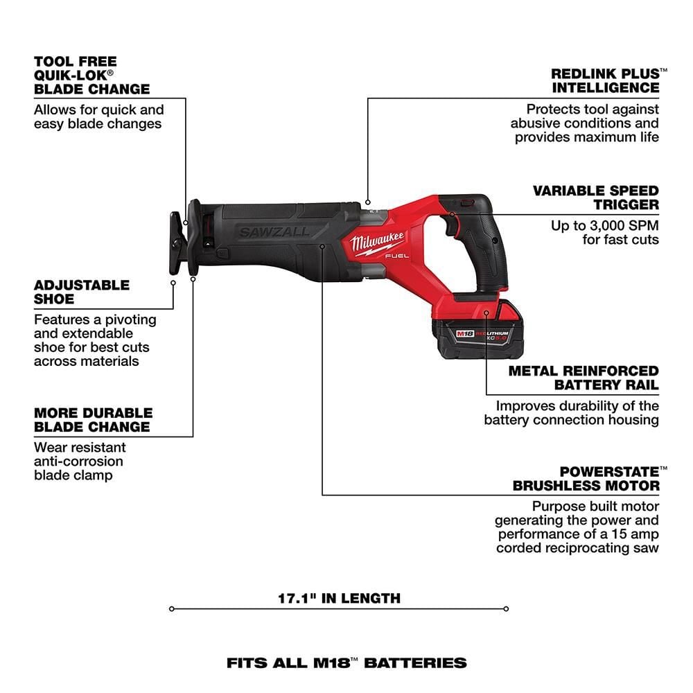Milwaukee M18 FUEL SAWZALL Reciprocating Saw - 2 Battery XC5.0 Kit, large image number 7