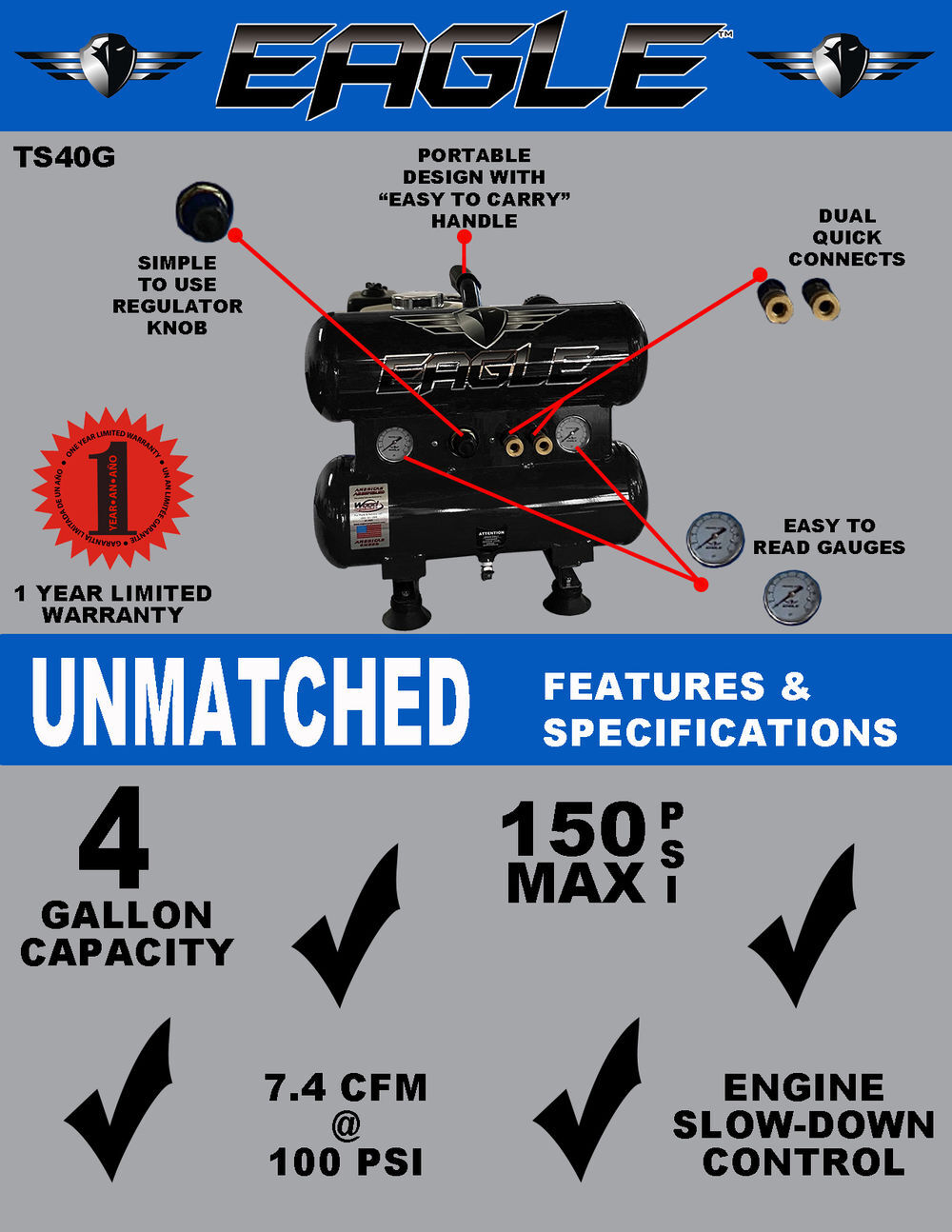 Eagle Compressor Portable Gas Twin Tanks Air Compressor 4 Gallon, large image number 4