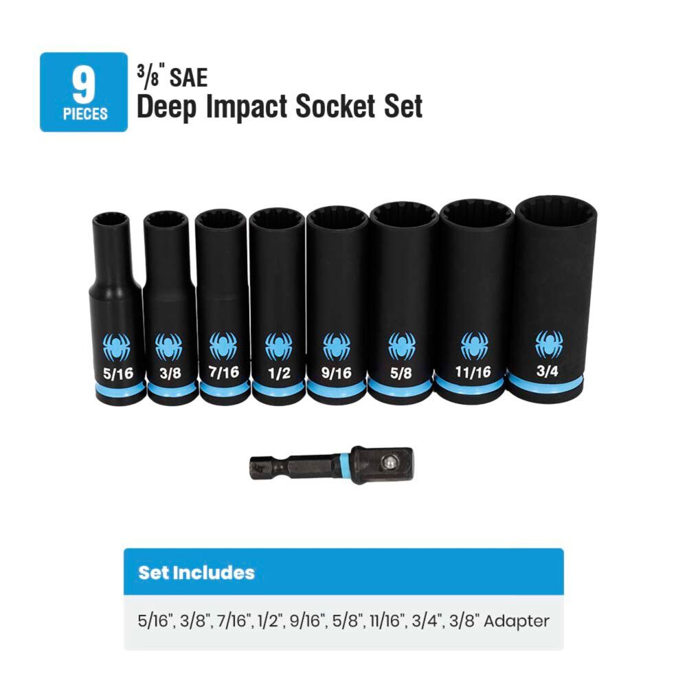 Spyder 3/8 Inch Drive Deep Thin-Walled SAE Impact Socket Set with Adapter, 9 Pieces, large image number 6