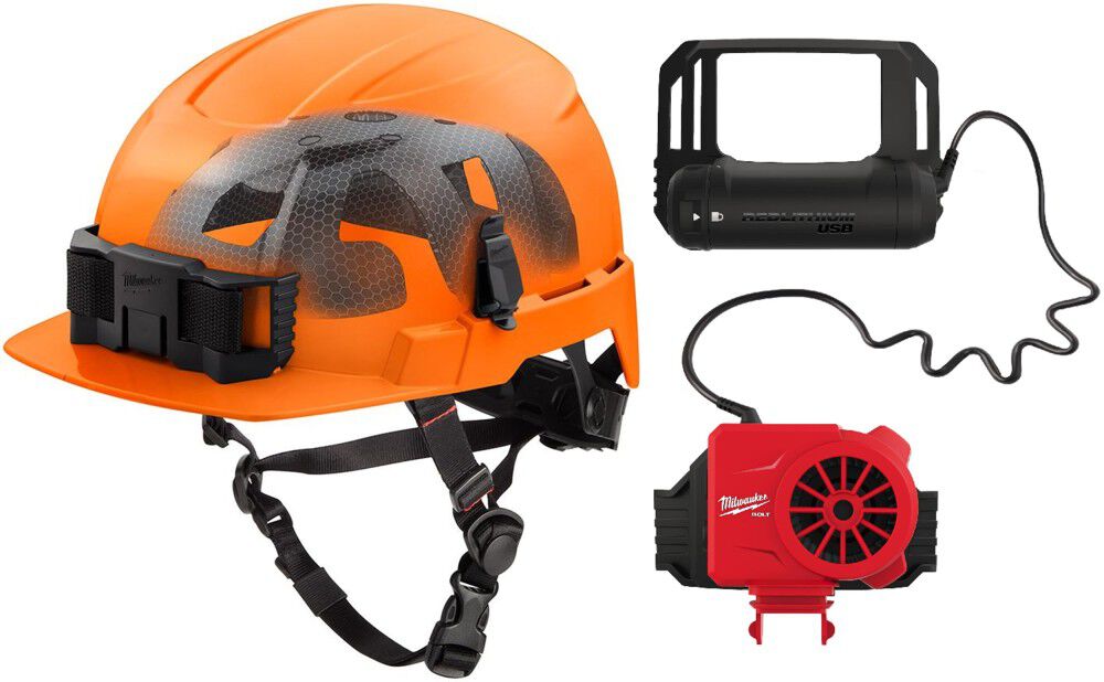 Milwaukee BOLT Orange Front Brim Safety Helmet with IMPACT ARMOR Liner Type 2 Class E & USB Cooling Fan Bundle, large image number 1