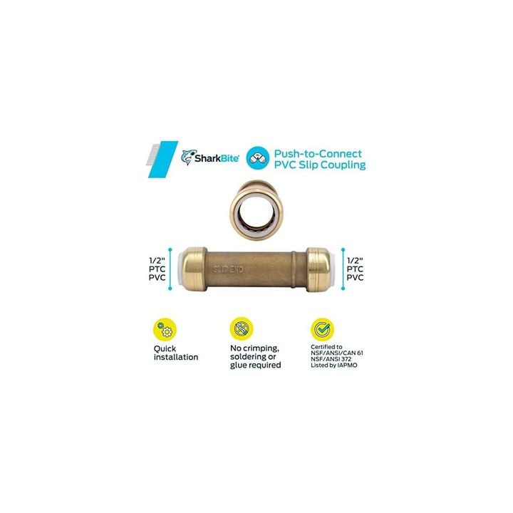 Sharkbite 1/2 In PVC x 1/2in PVC Brass Slip Coupling, large image number 2