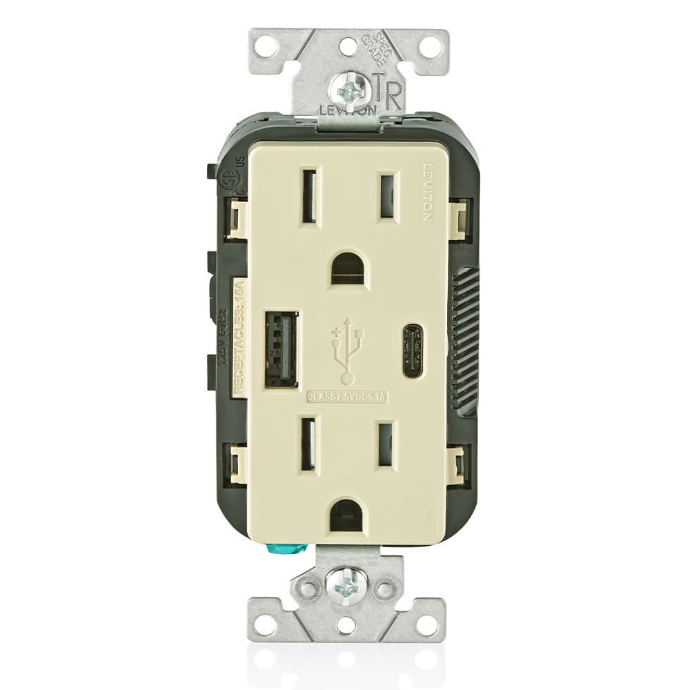 Leviton 15A 125V 5-15R Ivory Outlet with USB Type A/C Charger – 3894490