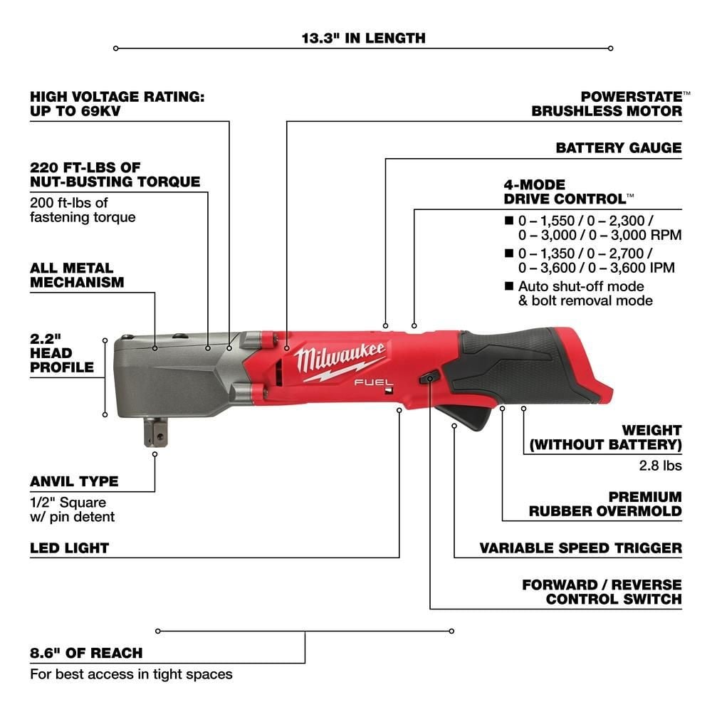 Milwaukee M12 FUEL 1/2inch Right Angle Impact Wrench with Pin Detent (Bare Tool), large image number 4
