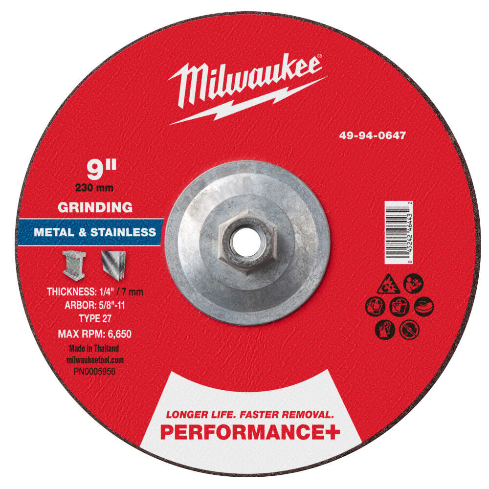 Milwaukee 9 Inch x 1/4 Inch x 5/8 Inch-11 Performance+ Metal Grinding Wheel Type 27, large image number 1