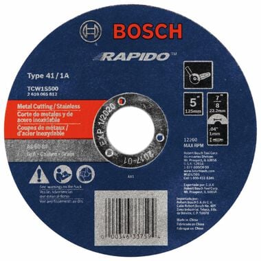 Bosch 5 In. .040 In. 7/8 In. Arbor Type 1A (ISO 41) 60 Grit Rapido Fast Metal/Stainless Cutting Abrasive Wheel, large image number 0