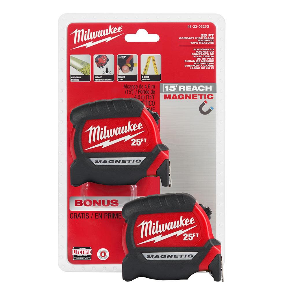 Milwaukee 25' Compact Wide Blade Magnetic Tape Measure 2-Pack 48-22-0325G  from Milwaukee Acme Tools