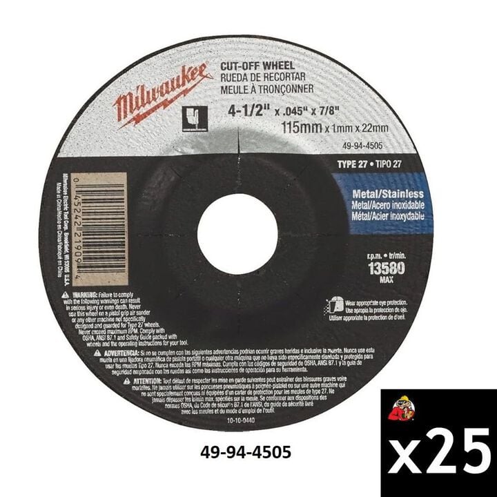 Milwaukee 4-1/2 Inch x 0.045 Inch Type 27 A60T Cut-Off Wheel Bundle, 25 Pieces, large image number 1
