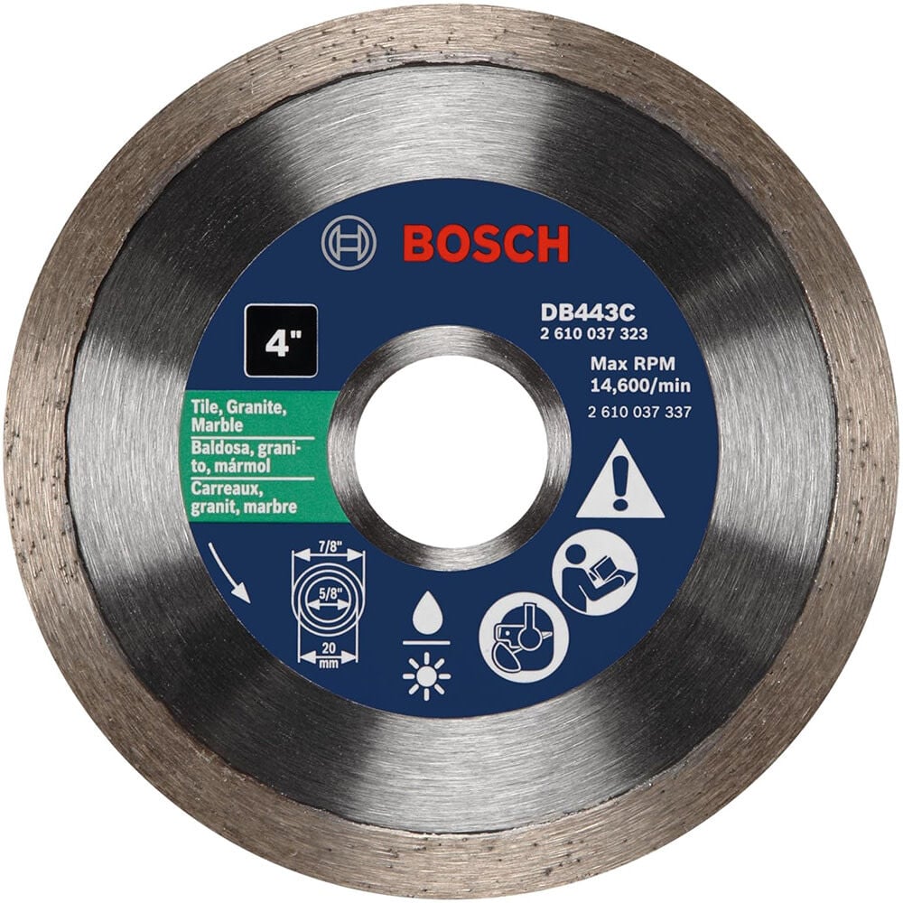Bosch 4 Inch Premium Continuous Rim Diamond Blade for Clean Cuts on Ceramic Tile and Slate – DB443C