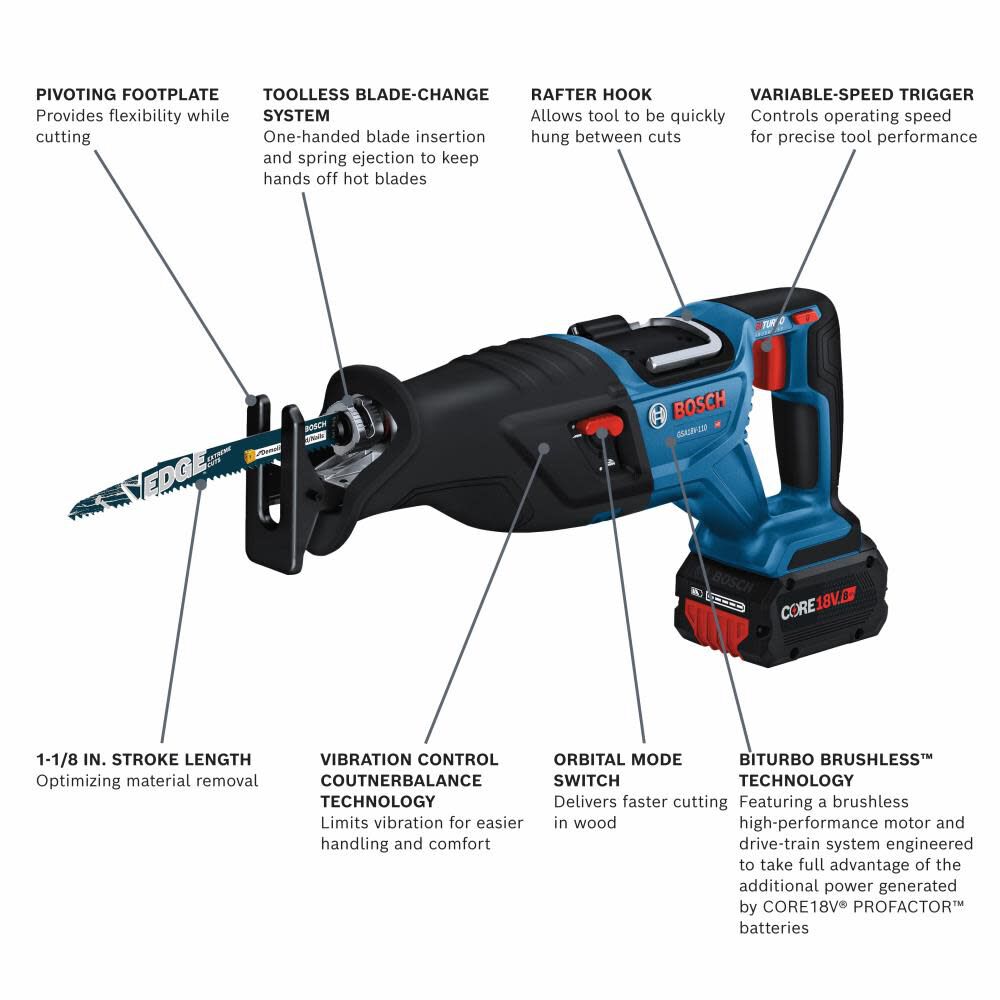 Bosch PROFACTOR 18V 1 1 8in Reciprocating Saw Kit with CORE18V 8.0
