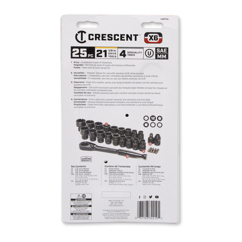Crescent 25 Pc 3/8in Drive Pass-Thru X6 Standard Spline Mechanics Tool Set, large image number 9