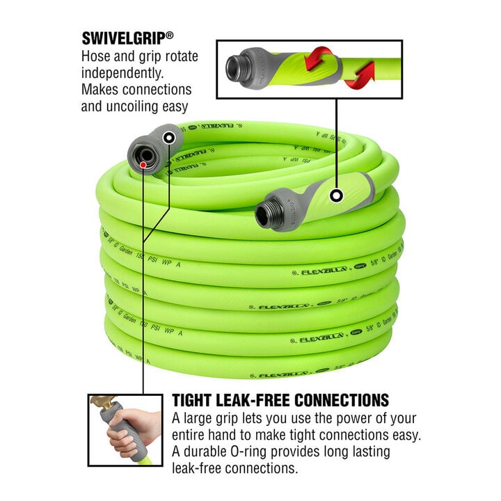 Flexzilla SwivelGrip Garden Hose, 5/8 Inch x 100 Feet, 3/4 Inch - 11 1/2 GHT Fittings, ZillaGreen, large image number 2